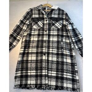 Grace‎ & Karma Upscale Shacket Women's Medium Blk/Wht Plaid Faux Leather Trim